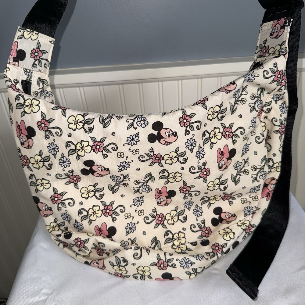 Baggu Disney Medium Nylon Crescent Sling Bag Purse Storybrook Floral Mickey - Picture 2 of 13